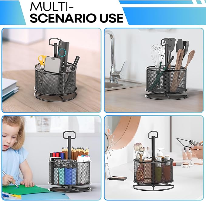 360-Degree Rotating Pen Holder for Desk, Mesh Pencil Organizer Multi-Functional Pen Holder, 4 Compartments Desktop Stationary Organizer, Home Office Black