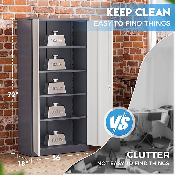 Greenvelly Metal Garage Storage Cabinet, Locking Steel Cabinet with 2 Doors and 4 Adjustable Shelves, Metal Tool Cabinets, Lockable File Cabinet for Home Office, Garage, School (Gray White)