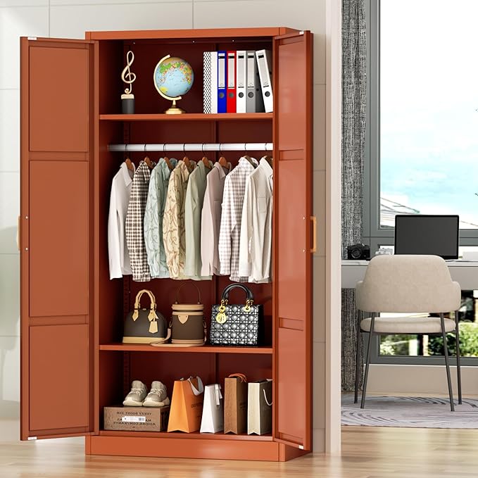 Greenvelly Metal Wardrobe Cabinet with Wooden Handle, 72" Metal Wardrobe Closet with Hanging Rods and Adjustable Shelves, Clothing Storage Closet Cabinet for Home, Office, Employee, Gym (Brown)