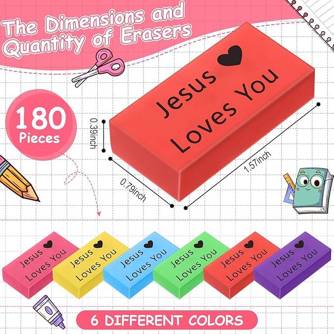 180 Pcs Inspirational Erasers for Kids Christian Pencil Erasers Bulk, Back-to-School Gifts Motivational and Cute Supplies for Students Classrooms, Drawing(Multicolor,Jesus Loves You)