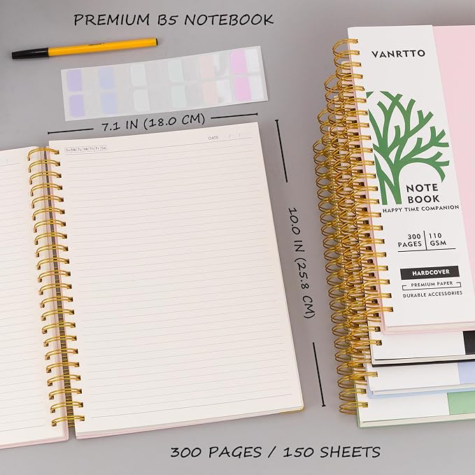 Hardcover Spiral Notebook, B5 Notebooks College Ruled, 110 GSM Thick Lined Paper Notebooks for Work, School and Travel, 300 Pages Journals for Writing, Large Journal for Women and Men Pink B5