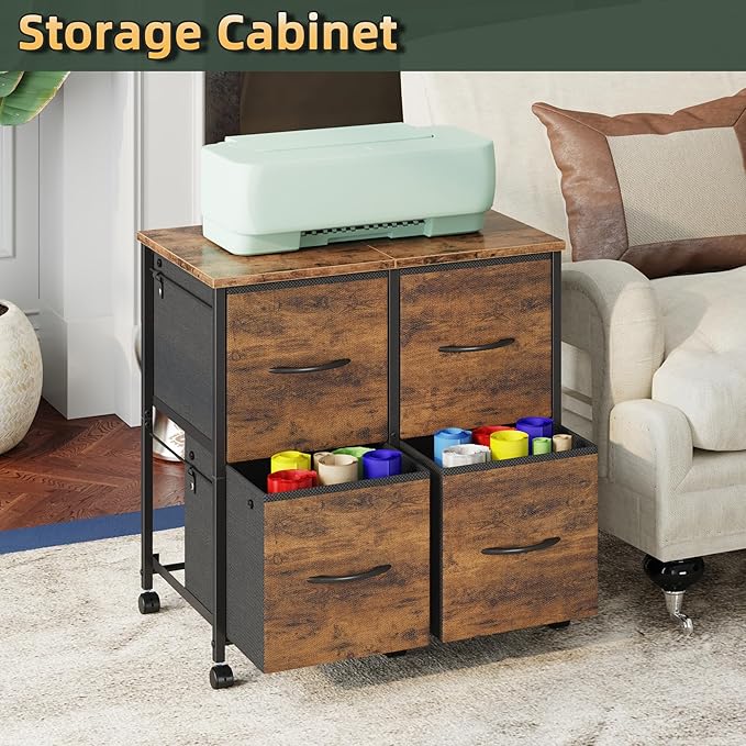 4 Drawer Lateral File Cabinet, Mobile Filing Cabinet for Large Printer, Home Office Functional Small Office Storage Cabinet & Printer Stand, Fabric Drawer, Fits Letter/A4, Rustic Brown