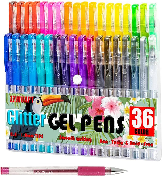 Glitter Gel Pens for Coloring Book,72 Color Gel Pens Set including 36 Color Gel Pen with 36 Refills,40% More Ink Colored Gel Pens for Drawing, Doodling, Scrapbook, Journaling