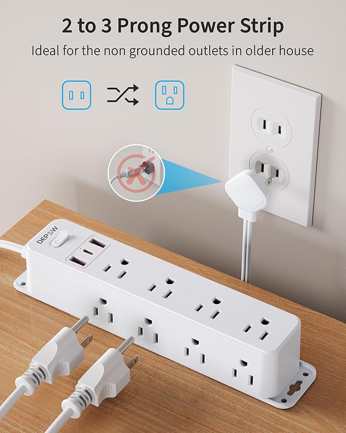2 Prong Power Strip with 12 AC Outlets, 2 to 3 Prong Adapter, 3 USB Ports (1 USB C), 5FT Extension Cord, 1700J Two Prong Surge Protector, Wall Mountable, Ideal for Old House Non-Grounded Outlets