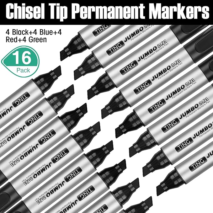 Fuutreo 16 Pcs Jumbo Size Permanent Markers Bulk Large Chisel Tip Permanent Markers Thick Waterproof Jumbo Pens Set Huge Poster Supplies(Black)