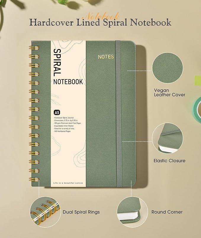 Graph Spiral Journal Notebook, A5 Hardcover Spiral Journals for Women Men, 100 GSM Graph Paper Notebooks, 150 Pages Spiral Bound Grid Notebook for Writing Note Taking Work 5.75" x 8.38", Sage Green