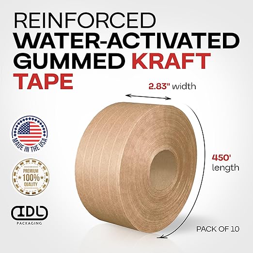 IDL Packaging 2.83" x 450 feet Reinforced Water-Activated Kraft Gummed Tape 30lb Thickness (Pack of 10) - Secure Paper Packing Tape for Secure Carton Sealing - Heavy-Duty for All Conditions, Brown