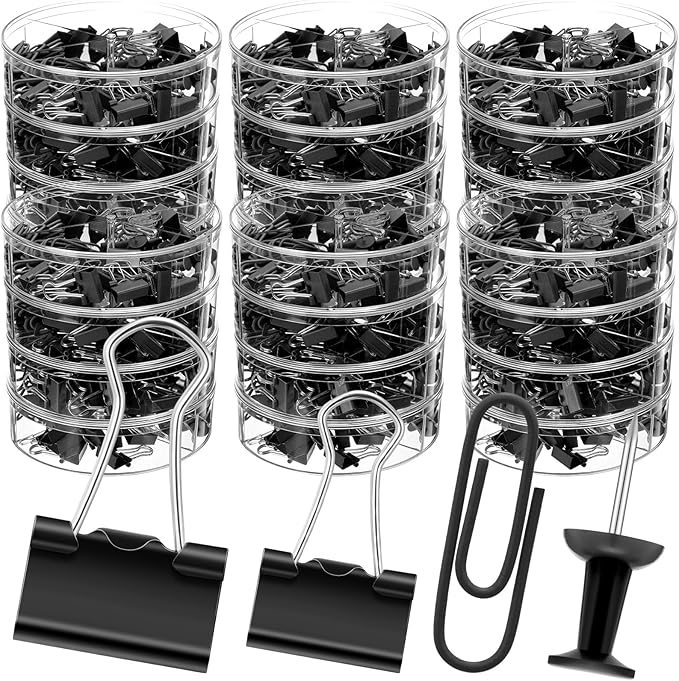 1560 Pcs Paper Clips and Binder Clips Assorted Sizes, Large Medium Small Binder Clip Paperclips Thumb Tacks, College Supplies Home Office Supplies Document Organizing(Black)
