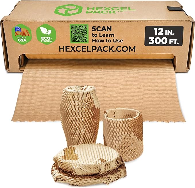 HexcelWrap Mini - Honeycomb Packing Paper, Eco-Friendly, Sustainable Paper Bubble Wrap for Shipping & Moving, Cushioned Packing Material in Dispenser - Natural, Pallet of 112, 12" x 300'