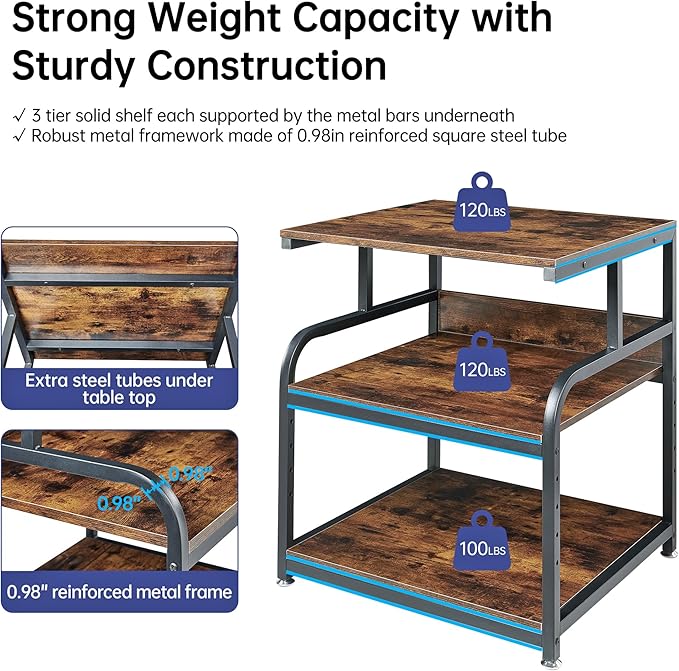 23.6" Deep Extra Large Printer Stand, 3 Tier Printer Table with Adjustable Storage Shelf, Rolling Printer Cart with Industrial Wheels for Home Office, Rustic Brown