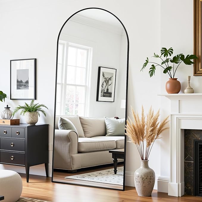Full Length Mirror, 68"x26" Oversized Floor Mirror Freestanding, Full Body Mirror Floor Standing Mirrors with Stand, Hanging Mounted Mirrors for Bedroom Living Room, Black, Arched Style