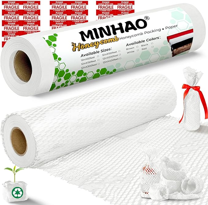 Honeycomb Packing Paper, 12"x50' White | Perforated Honeycomb Packing Paper Recyclable Moving Supplies for Shipping & Moving | Plastic-Free Alternative to Bubble Cushion Wrap with 36 Fragile Stickers