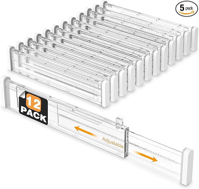 HiYZ Expandable Drawer Dividers - 12.6-22.8'' Adjustable Drawers Organizers for Kitchen Utensils, Drawer Separators in Bedroom, Dresser, Office, Bathroom, Fridge, 12 Pack Long Dividers-Clear