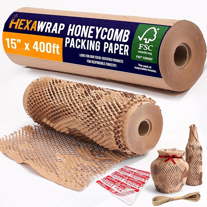 Honeycomb Packing Paper 15" x 400ft with Rope & 20 Fragile Stickers|Shipping & Moving Supplies|Small Business Packaging Supplies|Eco Friendly Bubble Wrap Packing Boxes for Moving Certified FSC C204227
