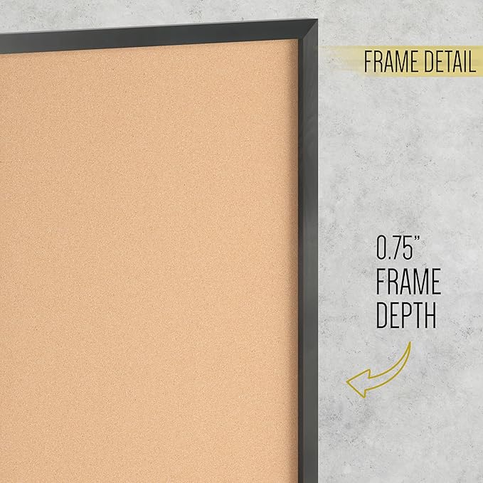 HBCY Creations Wall Mount Black Cork Board - 24" W x 36" H - 6 Wooden Push Pins - Solid Pine Wood Frame - for Kitchen, Classrooms, Restaurant Menus and More!