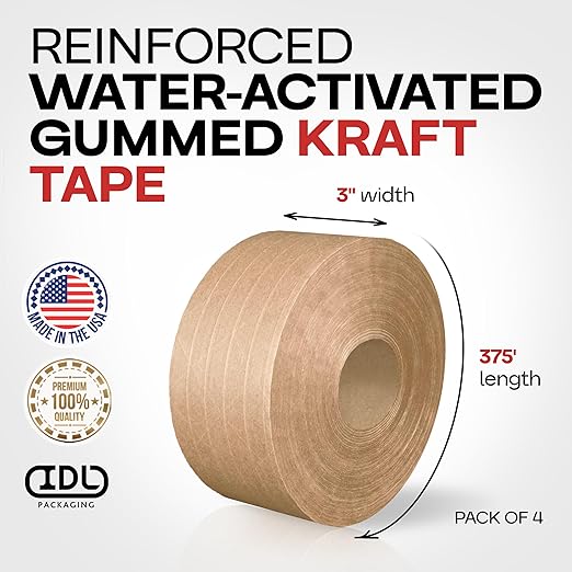 IDL Packaging 3" x 375 feet Reinforced Water-Activated Kraft Gummed Tape 70lb Thickness (Pack of 4) - Secure Paper Packing Tape for Secure Carton Sealing - Heavy-Duty for All Conditions, Brown