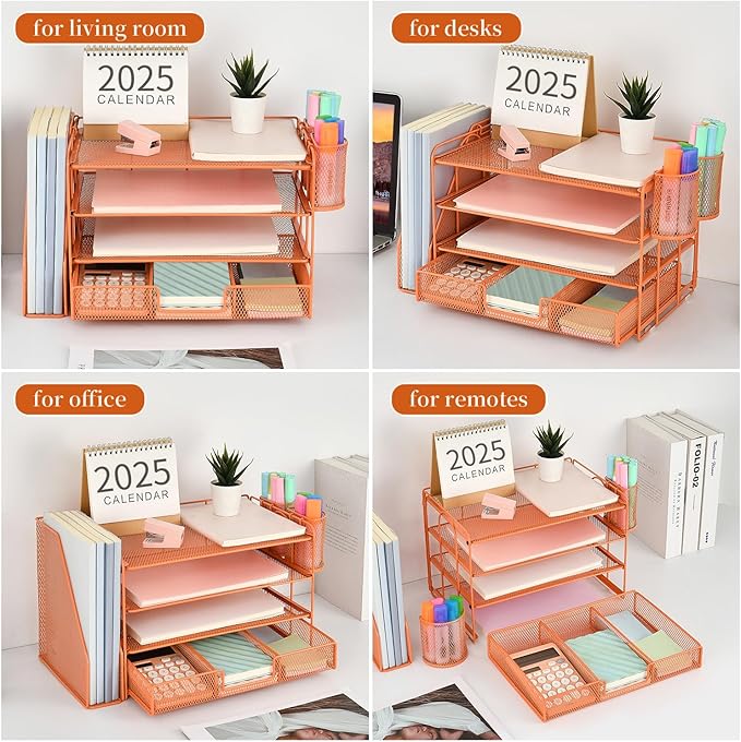 gianotter Paper Letter Tray Organizer with File Holder, 4-Tier Desk Accessories & Workspace Desk Organizers with Drawer and 2 Pen Holder for Office Supplies (Orange)