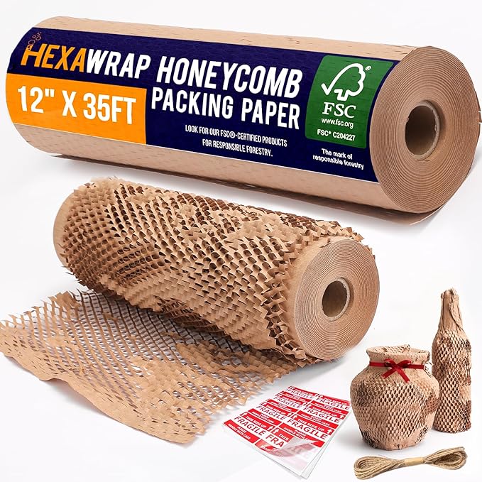 Honeycomb Packing Paper 12" x 35ft with Rope & 20 Fragile Stickers|Shipping & Moving Supplies|Small Business Packaging Supplies|Eco Friendly Bubble Wrap Packing Boxes for Moving Certified FSC C204227