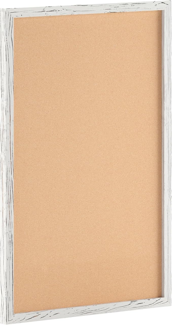 HBCY Creations Wall Mount Whitewashed Cork Board - 24" W x 36" H - 6 Wooden Push Pins - Solid Pine Wood Frame - for Kitchen, Classrooms, Restaurant Menus and More!