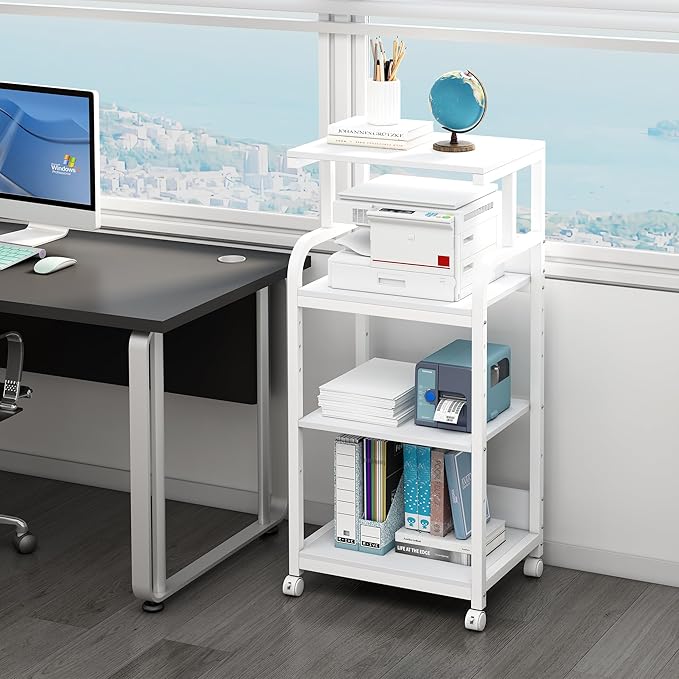 4 Tier White Printer Stand Table with Adjustable Shelves, Movable Printer Shredder Stand with Wheels for Home Office Storage and Organization, Rolling Cart for Computer Tower CPU