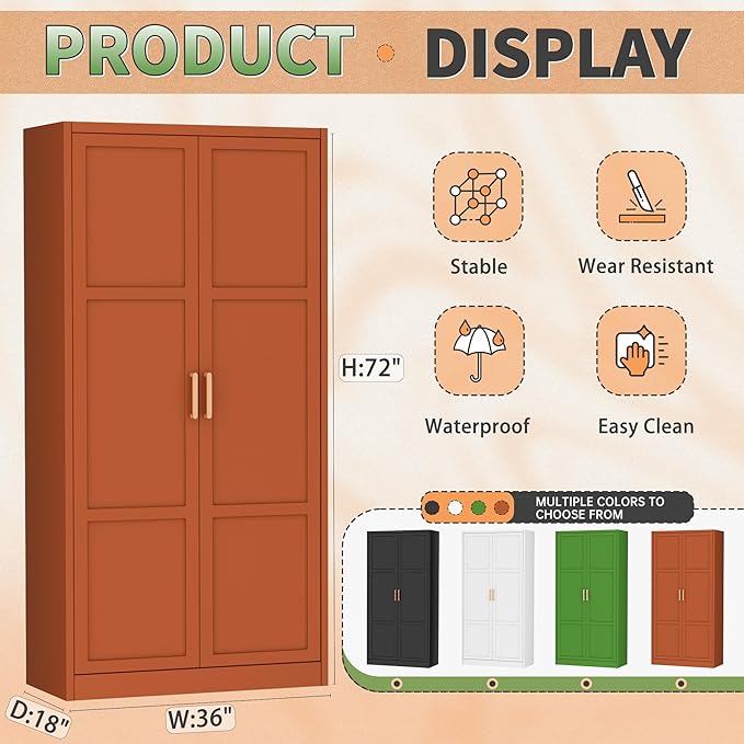 Greenvelly Metal Wardrobe Cabinet with Wooden Handle, 72" Metal Wardrobe Closet with Hanging Rods and Adjustable Shelves, Clothing Storage Closet Cabinet for Home, Office, Employee, Gym (Brown)