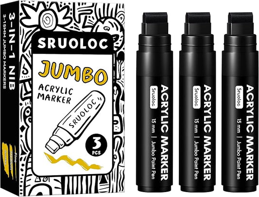 3 Jumbo Permanent Markers Black, 15mm Thick Wide Tip, Large Acrylic Paint Markers for Rock Painting, Poster, Stone, Ceramic, Glass, Wood, Canvas