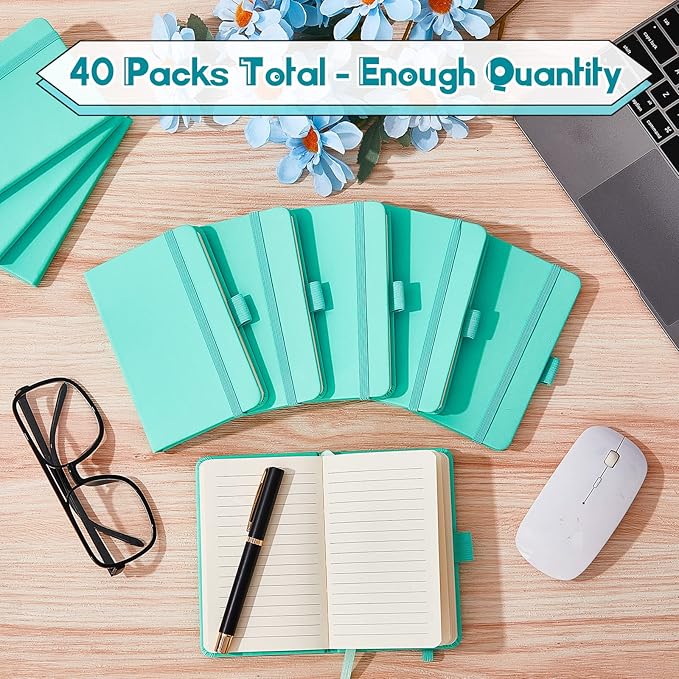 40 Pieces Small Notebooks A6 Pocket Journals 3.5 x 5.5 Inch Small Leather Notebook Mini Ruled Lined Journal with Elastic Band Pen Holder Page Marker Ribbons (Light Blue)