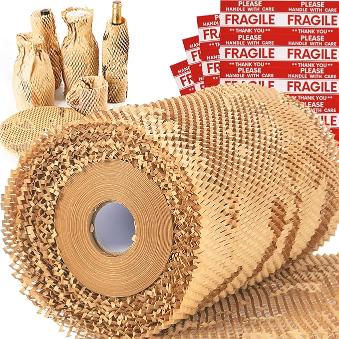 Honeycomb Packing Paper Wrap 15''x20520" (1710 ft), Substitute Alternative for Bubble Cushioning Wrap for Moving Shipping Packaging, Recyclable Moving Supplies with 48 Fragile Sticker Labels