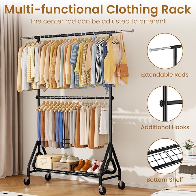 Heavy Duty Clothes Rack for Hanging Clothes, Double Rods Clothing Rack with Lockable Wheels, Rolling Garment Racks with Shelf, Easy to Assemble, Black