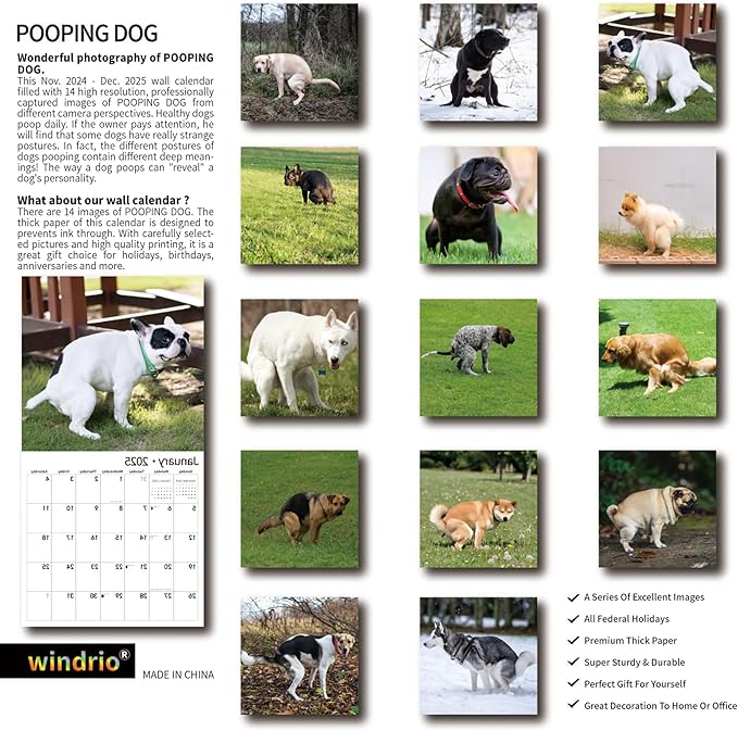 Gag Gift 2025 Wall Calendar, Funny White Elephants Funny Pooping Dogs Calendar 2025,12 Monthly Calendar, January 2025 - December 2025, 12" x 24" Opened Full Page Thick & Sturdy Paper for Organizing