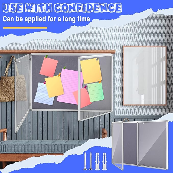 2 Pack Enclosed Bulletin Board 48"x36" Weather Resistant Lockable Enclosed Notice Cork Case Display Board Wall Mounted 2 Locking Door Aluminum Frame for Back to School Classroom, 12xA4(Gray)