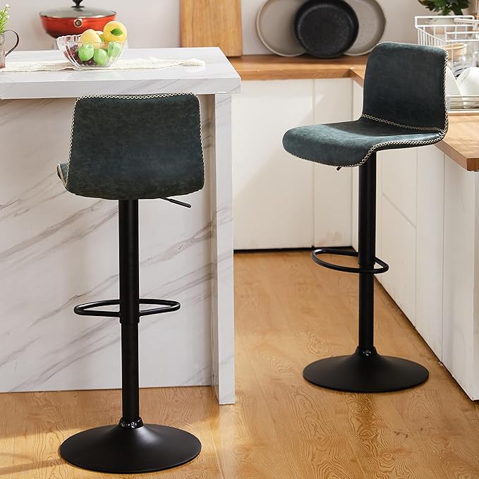HeuGah Swivel Bar Stools Set of 2, Adjustable Counter Height Barstools with Back, Faux Leather Bar Chairs for Kitchen Island (Deep Teal, Set of 2 (24'' to 32''))