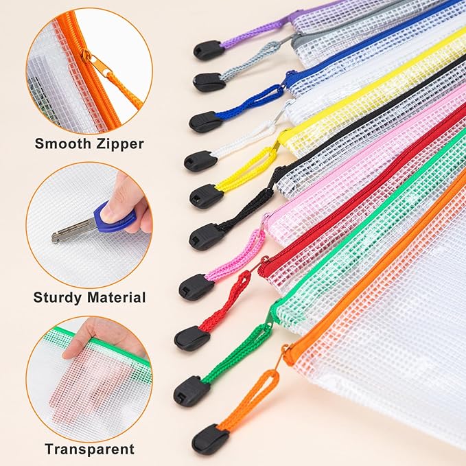 20Pack Mesh Zipper Pouch Bags, Waterproof 9.5x4.5 Inch Pencil Pouches Bulk for Storage, Teacher School, Toys, Puzzle, Office, 10 Colors