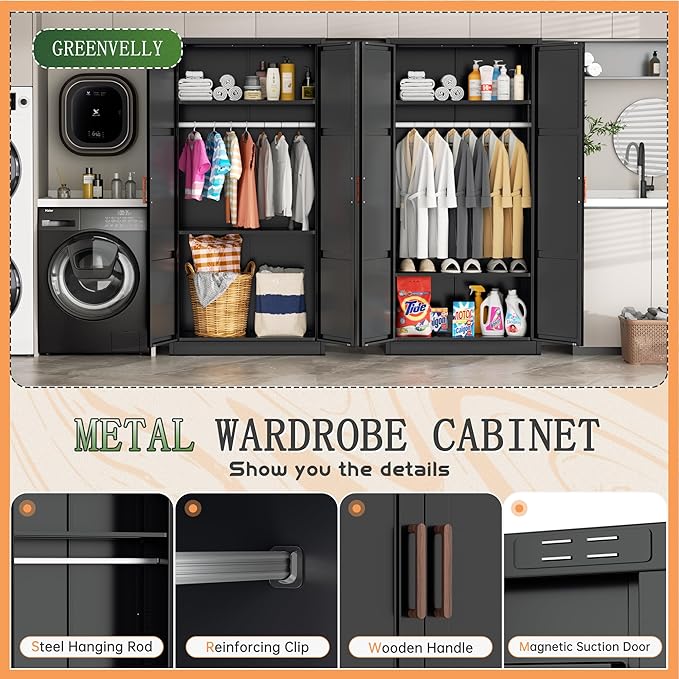 Greenvelly Metal Wardrobe Cabinet, 72" Black Armoire Metal Wardrobe Closet for Hanging Clothes with Wooden Handle, Modern Clothes Cabinet for Home, Office,Bedroom, School,Gym