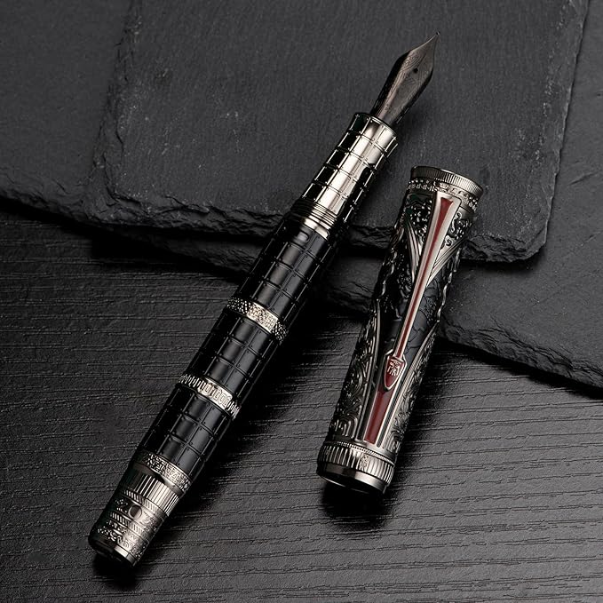 Hongdian D5X Fountain Pen Extra Fine Nib Black Color, Qin Dynasty Retro Chinese Totem Engraving Smooth Writing Pen with Converter and Pen Box Set