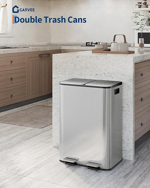 GarveeHome 2 x 8 Gallon Stainless Steel Double Trash Can with Lid for Kitchen, Large Dual Trash and Recycle Bin Combo, Step-on Kitchen Metal Garbage Cans, PP Inner Buckets, Liner Rim, Silver