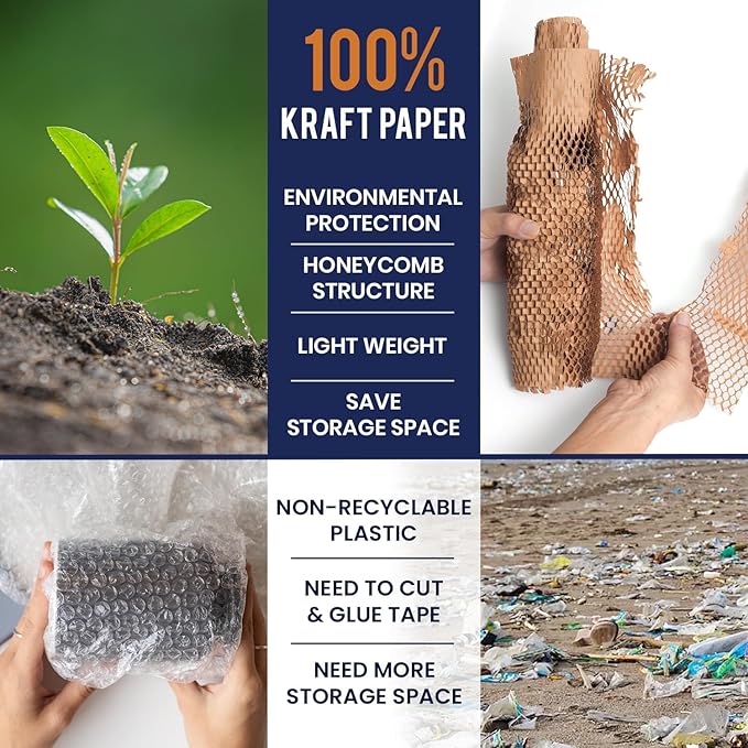 Honeycomb Packing Paper 12" x 55ft with Rope & 20 Fragile Stickers|Shipping & Moving Supplies|Small Business Packaging Supplies|Eco Friendly Bubble Wrap Packing Boxes for Moving Certified FSC C204227