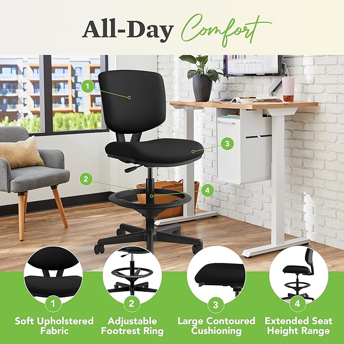 HON Volt Standing Desk Chair, Fabric Office Chair with Foot Rest, Armless, Ergonomic Recline and Center Tilt, for Computers, Offices, Work, Black