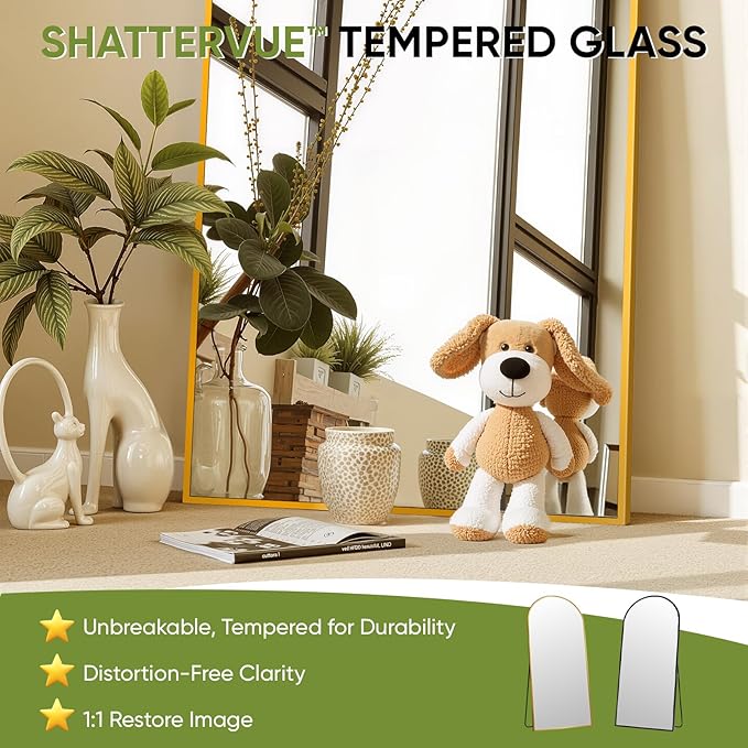 Full-Length Floor Mirror with Stand, 76"x34" Arched Style Full Body Standing Mirror for Bedroom, Living Room, Gym, Dorm - Shatter-Resistant & Easy Assembly, Gold