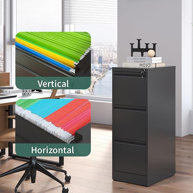 3 Drawer File Cabinet with Lock,Metal Vertical Filing Cabinets for Home Office,Heavy Duty File Storage Cabinet for Letter/Legal/A4/F4 Size File,Assembly Require (Black, Vertical 3 Drawer)