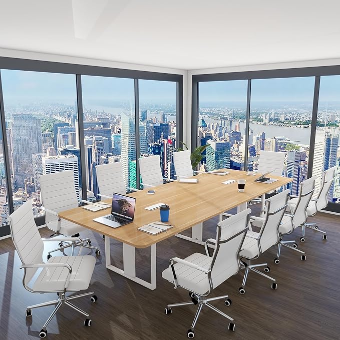 Home Office Chair Ribbed, Modern Leather Conference Room Chairs, Ergonomic Office Desk Chair, High Back Executive Computer Chair, Adjustable Swivel Chair with Arms (White)