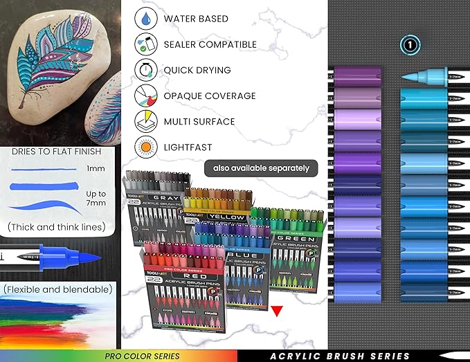 22 Flexible Brush Tip Acrylic Paint Pens Markers Set 1-7mm Line for Rock Painting, Brush Lettering, Glass, Mugs, Wood, Metal, Canvas, Fabric, Plastic. Non Toxic Waterbased Quick Drying Assorted Blue