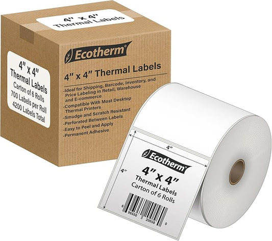 4" x 4" Thermal Labels | 6 Rolls | 4200 Labels | fits Zebra, Munbyn, Rollo, Godex, Arkscan, iDPRT, Offnova Thermal Label Printers and More | Blank White Adhesive Stickers by Ecotherm
