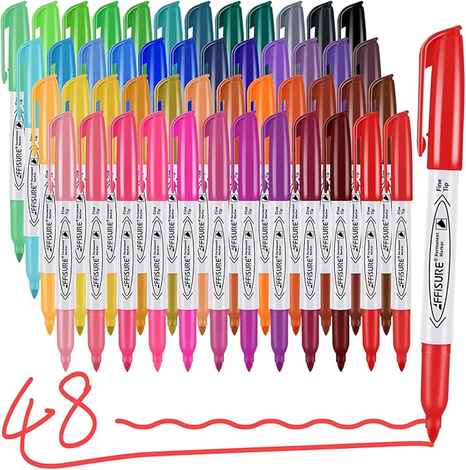 48 Colors Permanent Markers, Assorted Colors Vibrant Markers, Fine Point，Works on Wood, Plastic, Metal, and More, for Adults, Artist, Teacher, Kids, 48 Pack