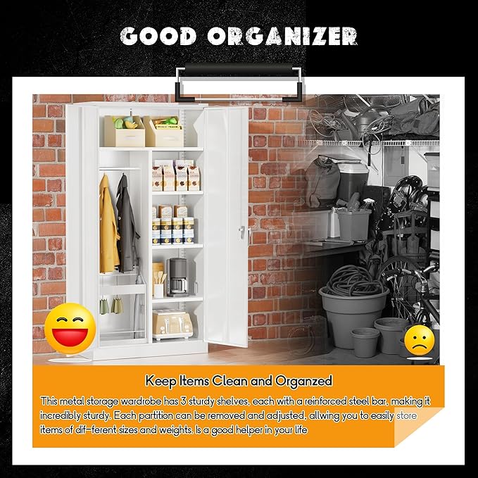 Greenvelly Metal Storage Cabinet Locker with Locking Doors,72" Metal Wardrobe Cabinet, Steel Storage Wardrobe with Hanging for Home Office, Garage, School, Gym（White 36" ×18"）