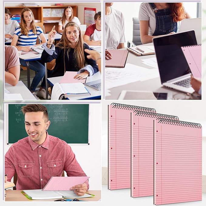 3 Packs 8.5" x 11" Top Spiral Notebook with 3 Hole Punched Legal Pads College Ruled Notepad 50 Sheets Hard Cardboard Paper Wirebound Notepad for Office School Business (Pink)
