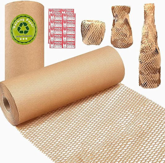 Honeycomb Packing Paper, HONSREO 15in x 300ft Eco Friendly Recyclable Cushioning Material, Bubble Wrap for Moving Shipping Breakable Supplies with 20 Fragile Sticker Lables (Brown)