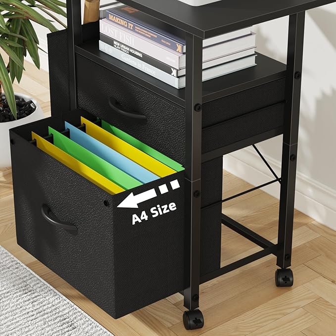 2 Drawer File Cabinet with 24'' Extended Desktop, Mobile Filing Cabinet, Rolling File Cabinet with Side Bag, Fabric Drawer, Fits A4 Size, Home Office, Black