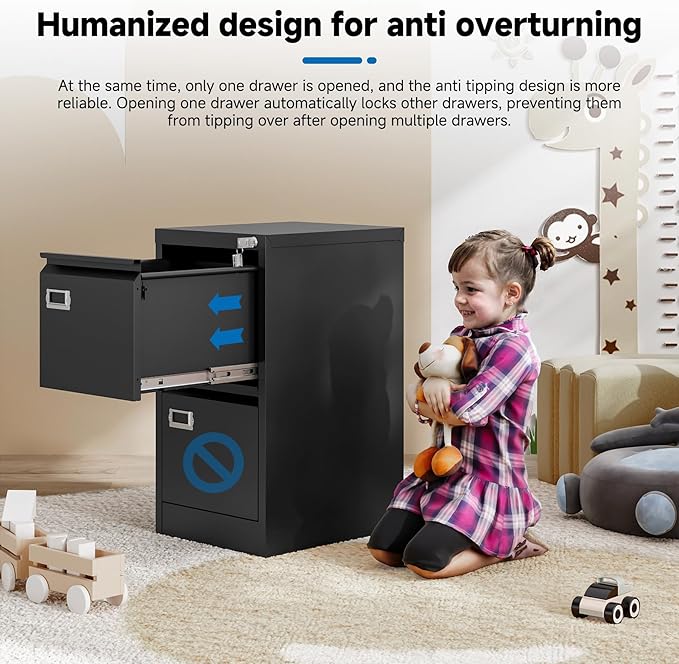 2 Drawer File Cabinet with Lock Metal Vertical Filing Storage Cabinet Office Home Steel Vertical File Cabinets for A4 Legal/Letter Size Narrow File Cabinet Locked,Assembly Required