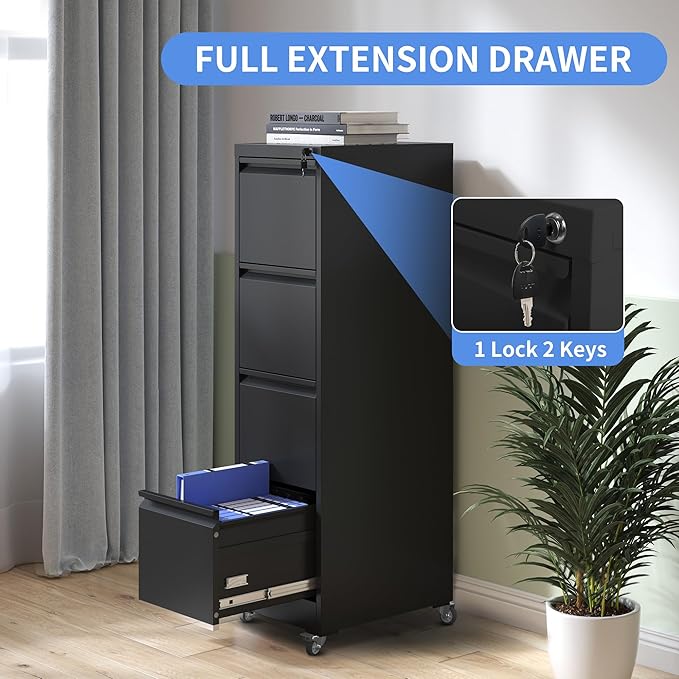 4 Drawer Mobile File Cabinet, Filing Cabinet Home Office for Letter, Legal Size, Black